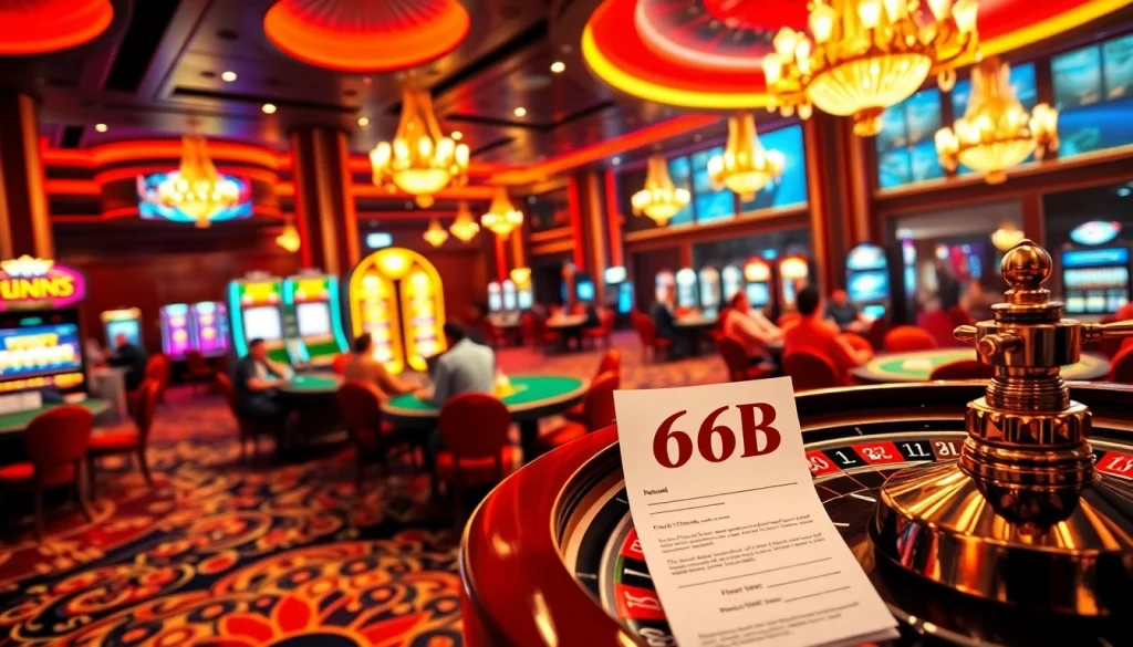 Explore the thrilling atmosphere of a casino featuring poker games and slot machines, emphasizing the keyword 66B in a betting slip.