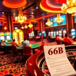 Explore the thrilling atmosphere of a casino featuring poker games and slot machines, emphasizing the keyword 66B in a betting slip.