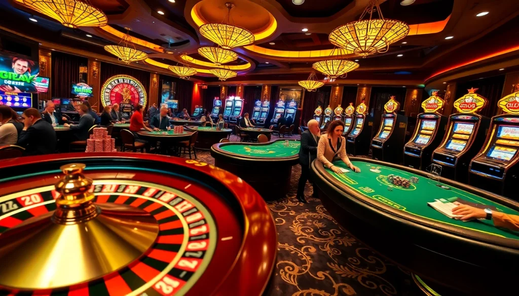Exciting casino environment with players at tables and flashing slot machines showcasing 88AA's vibrant gaming experience.