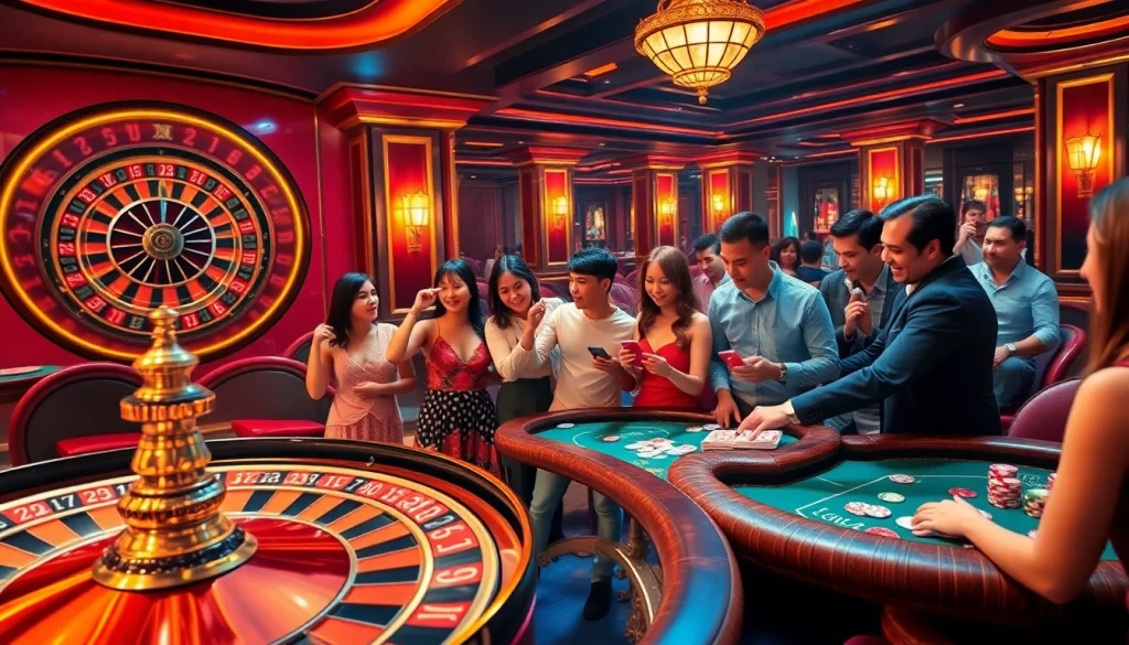 A festive view of a bustling casino showcasing Nhà Cái 8XBET with players at poker tables, extravagant decorations, and a swirling roulette wheel.