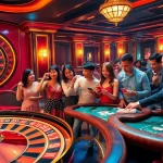 A festive view of a bustling casino showcasing Nhà Cái 8XBET with players at poker tables, extravagant decorations, and a swirling roulette wheel.