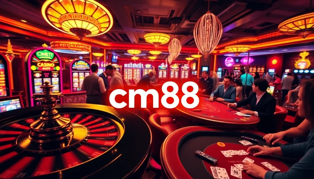 Players enjoying the excitement of a casino scene with cm88 promotions highlighted amidst vibrant gaming activities.