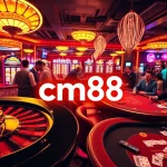 Players enjoying the excitement of a casino scene with cm88 promotions highlighted amidst vibrant gaming activities.