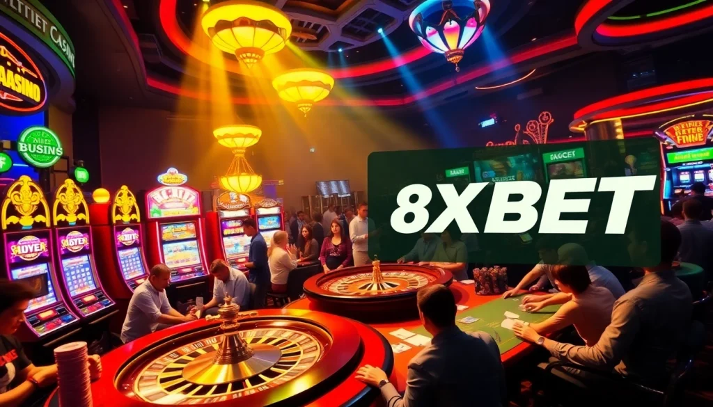 Players enjoying the thrill of gambling at 8XBET's vibrant casino floor, featuring colorful slots and roulette.