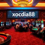 Xocdia88 casino scene showcasing vibrant roulette, engaging poker tables, and slot machines.