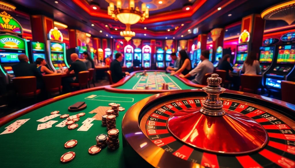 Experience an exhilarating casino atmosphere with players immersed in đánh giá top nhà cái uy tín, featuring roulette and slot machines.