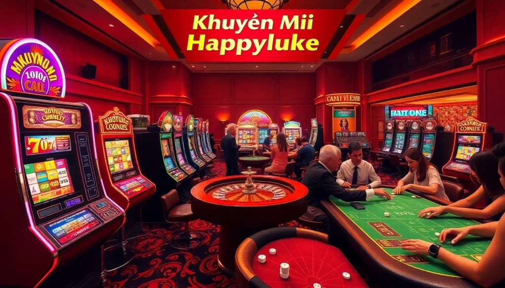 Khuyến Mãi Happyluke enhances the excitement of a lively casino scene with vibrant slot machines, poker tables, and roulette wheels.