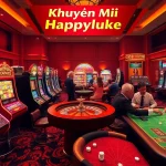 Khuyến Mãi Happyluke enhances the excitement of a lively casino scene with vibrant slot machines, poker tables, and roulette wheels.