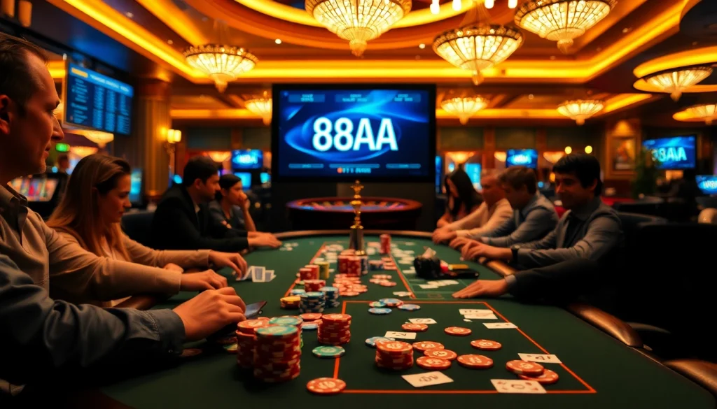 Players enjoying a lively poker game at the casino table, with "88AA" displayed prominently in the online betting interface.