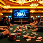 Players enjoying a lively poker game at the casino table, with "88AA" displayed prominently in the online betting interface.