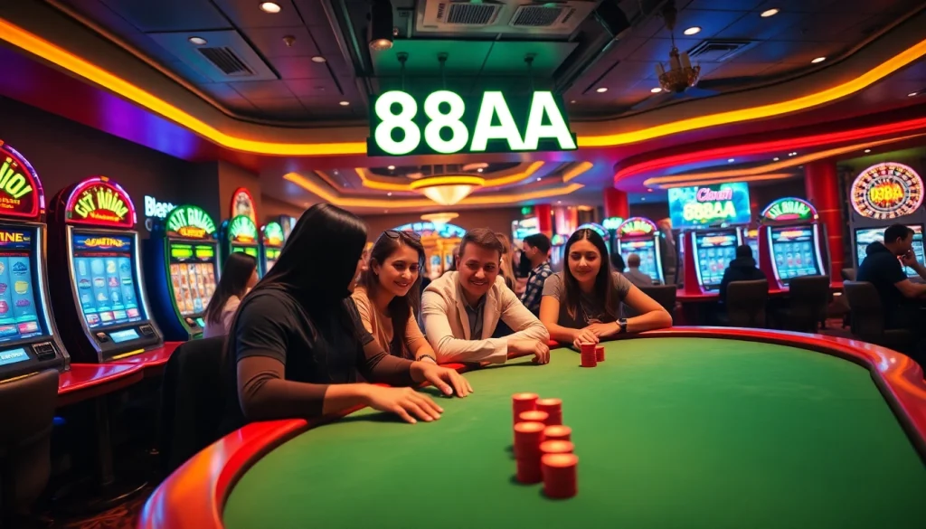 Excited players engage a thrilling game of poker at a casino featuring 88AA branding amidst vibrant neon lights.