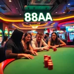 Excited players engage a thrilling game of poker at a casino featuring 88AA branding amidst vibrant neon lights.