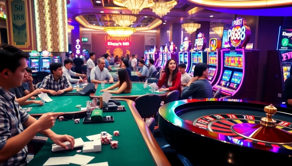 Khuyến Mãi PG88: Players enjoying thrilling casino action at poker tables with vibrant lights and excitement.