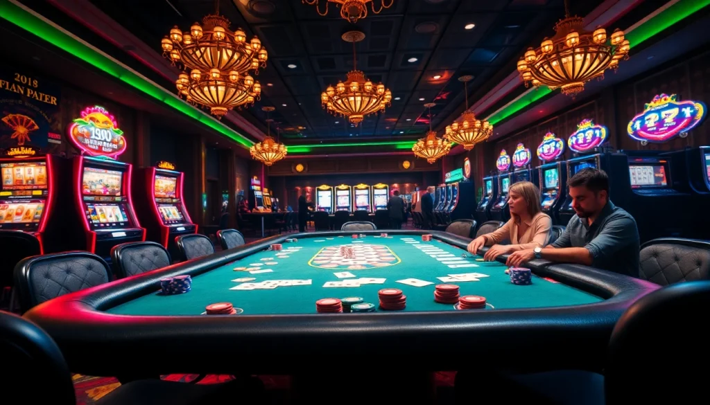 Engaged players strategizing at the poker table at https://98win68.city/, where anticipation fills the luxurious atmosphere.