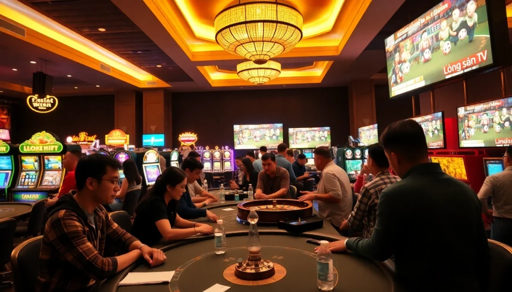 Experience the thrill of Lương sơn TV with an engaging casino setup showcasing poker tables and lively gambling actions.