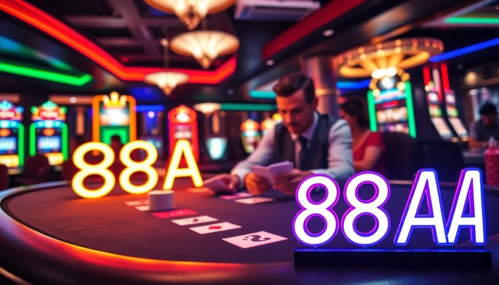 Experience the thrill of casino gaming with 88AA highlighted on a vibrant gaming table surrounded by players and illuminated slot machines.