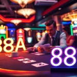Experience the thrill of casino gaming with 88AA highlighted on a vibrant gaming table surrounded by players and illuminated slot machines.