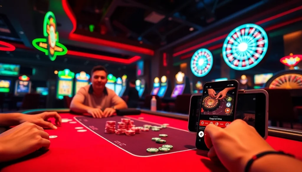 Players enjoying a thrilling game at a poker table showcasing the vibrant ambiance of online casinos, referencing https://nohu90.download/ for top betting experiences.