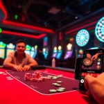 Players enjoying a thrilling game at a poker table showcasing the vibrant ambiance of online casinos, referencing https://nohu90.download/ for top betting experiences.