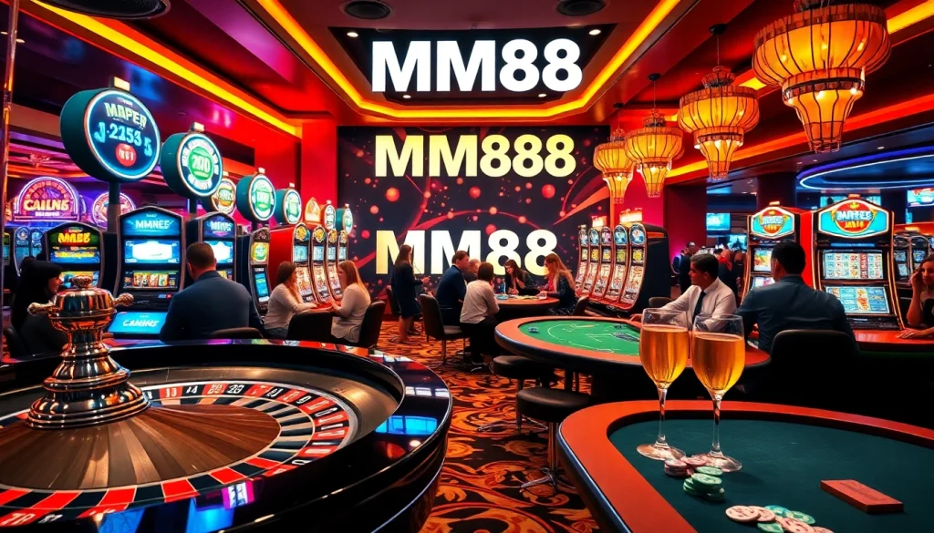 Experience the excitement of MM88 casino with vibrant slot machines and roulette action at night.