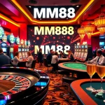 Experience the excitement of MM88 casino with vibrant slot machines and roulette action at night.