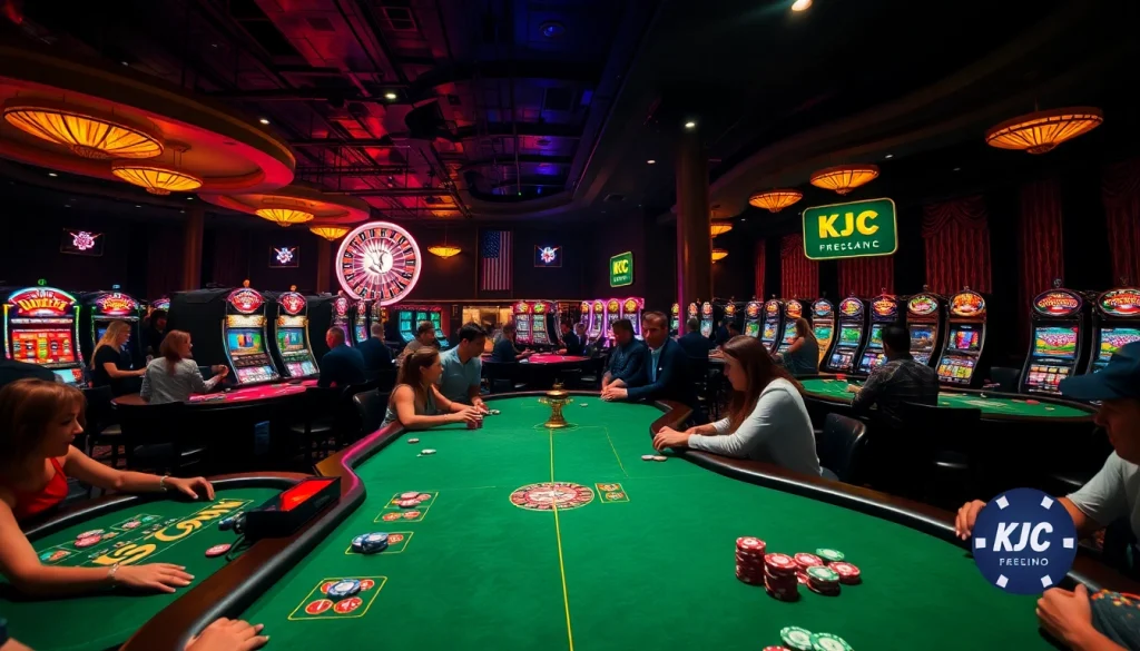 KJC branded poker chip amidst an exciting game of poker in a buzzing casino ambiance.
