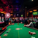 KJC branded poker chip amidst an exciting game of poker in a buzzing casino ambiance.