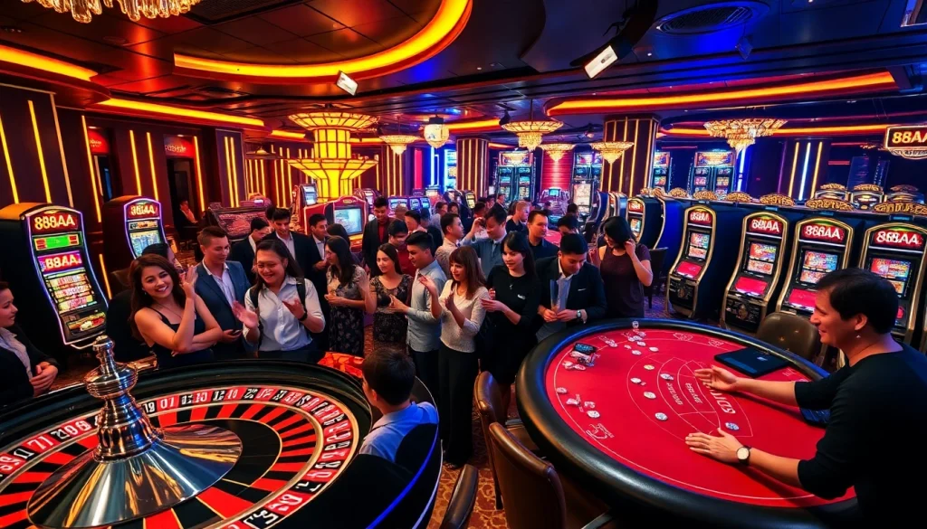 Players at the 88AA casino eagerly engage with poker tables full of action.