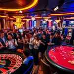 Players at the 88AA casino eagerly engage with poker tables full of action.