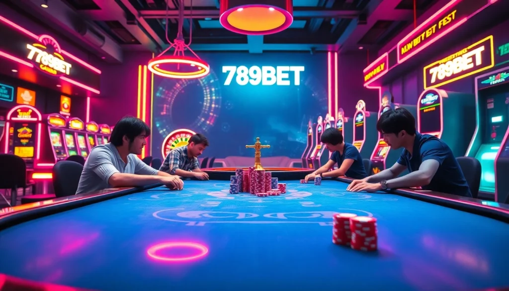 789BET offers an exhilarating casino experience with players engrossed in poker, vibrant lights, and roulette action.