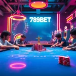 789BET offers an exhilarating casino experience with players engrossed in poker, vibrant lights, and roulette action.