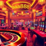 Experience the excitement of winning at aa888 casino, showcasing players at roulette and slot machines in a lavish setting.