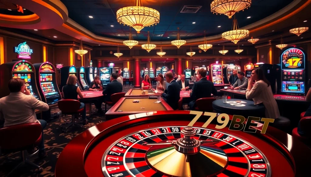 Players engaging at a lively casino with 789BET branding on a betting slip, showcasing excitement in gambling activities.