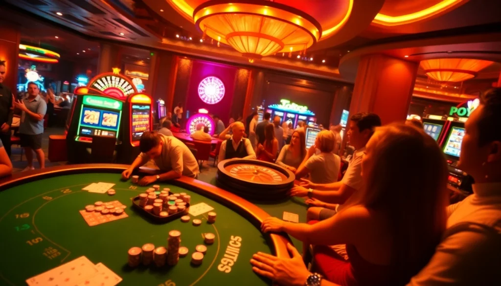Players enjoy the excitement of gambling at a vibrant casino, capturing the essence of jogoluck and victory at the tables.