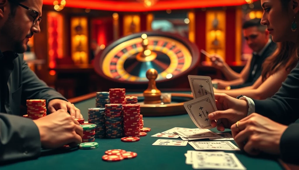 Exciting poker game at a nohu casino with vibrant chips and cards.