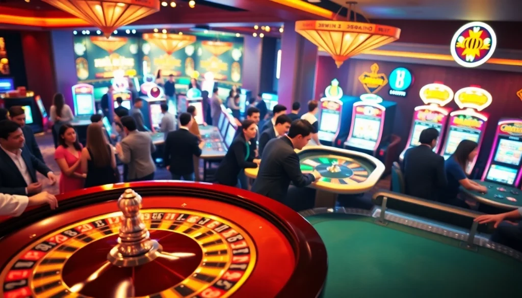 Exciting view of a bustling casino floor showcasing gameplay at 13win, featuring roulette and slot machines.