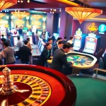 Exciting view of a bustling casino floor showcasing gameplay at 13win, featuring roulette and slot machines.