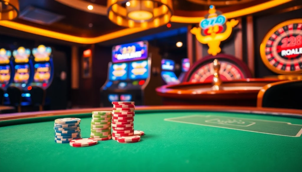 Experience thrilling poker games at e28 casino with vibrant tables and colorful chips.