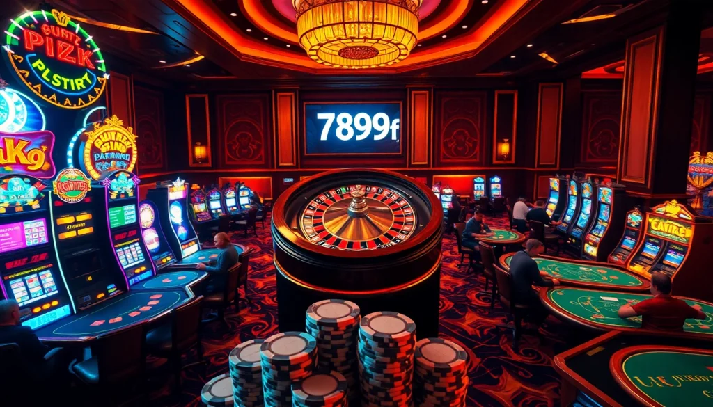 Engaging casino scene featuring players at roulette and slot machines, showcasing 789f gaming excitement.