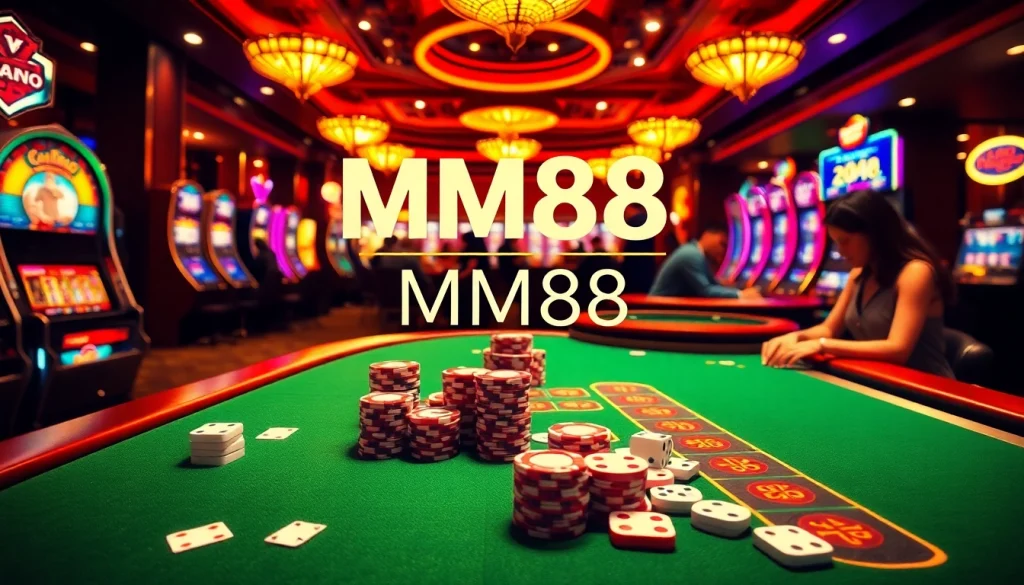 MM88 casino scene showcasing thrilling poker and roulette gameplay with vibrant colors and lively ambiance.