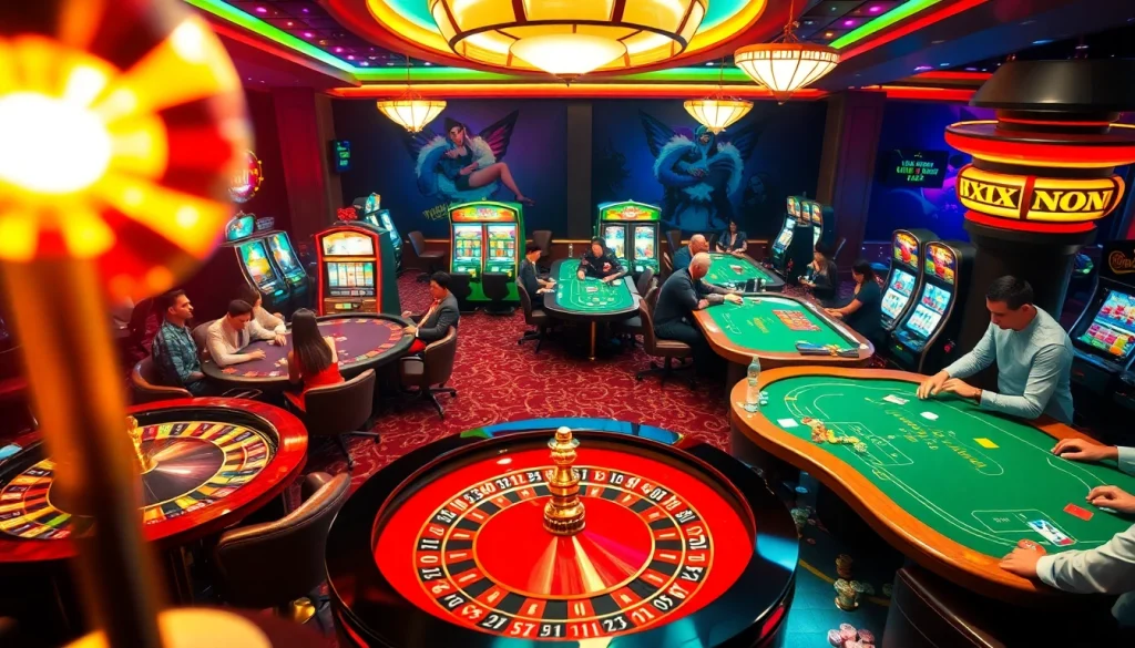 Experience giải mã nhà cái with players at roulette and poker tables in an upscale casino setting.