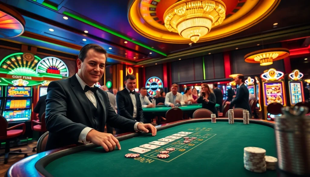 Experience the excitement of QQ888 at a luxurious casino, featuring thrilling blackjack tables and crowded slot machines.