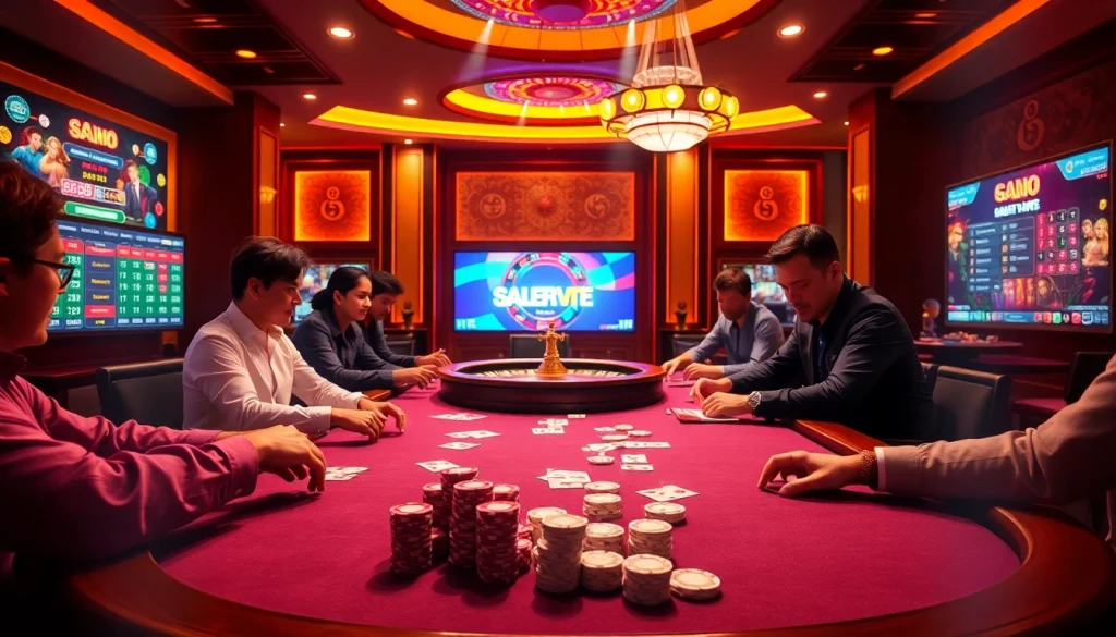 Exciting poker scene featuring Nhà cái Go8 tables, chips, and a roulette wheel for a premier gambling experience.