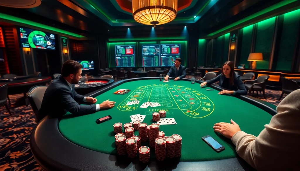 Experience the thrill of nhà cái uu88 with players enjoying blackjack at a vibrant live casino table, set in an elegant environment.