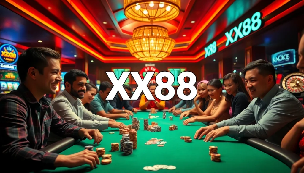 Players at a poker table in a vibrant casino atmosphere showcasing XX88 branding.