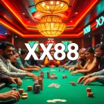 Players at a poker table in a vibrant casino atmosphere showcasing XX88 branding.