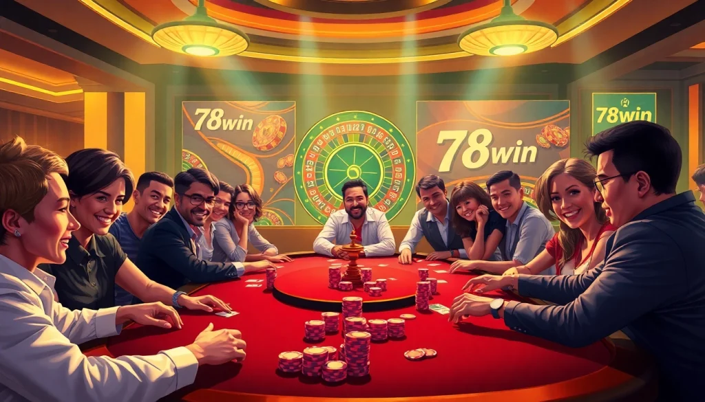 Players enjoying an exciting poker game at 78win casino with vibrant roulette wheel in the backdrop.