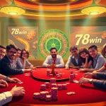 Players enjoying an exciting poker game at 78win casino with vibrant roulette wheel in the backdrop.