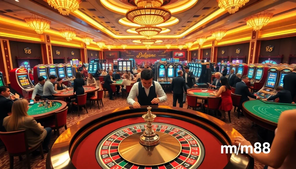 mm88 players enjoying an exciting roulette game on a busy casino floor.