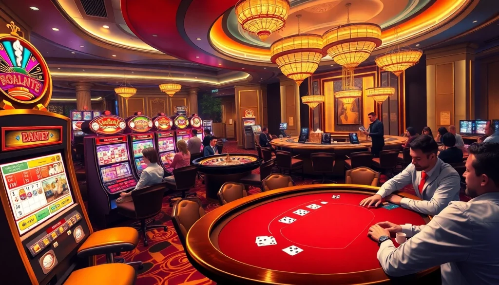 Thrilling casino atmosphere showcasing gamers engaged at XX88 HOW with vibrant slot machines.